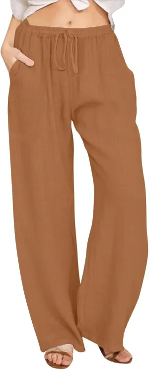 Linen Pants Women Summer Wide Leg Pants Drawstring Elastic Waist Pants High Waisted Lounge Pants Casual Beach Trousers