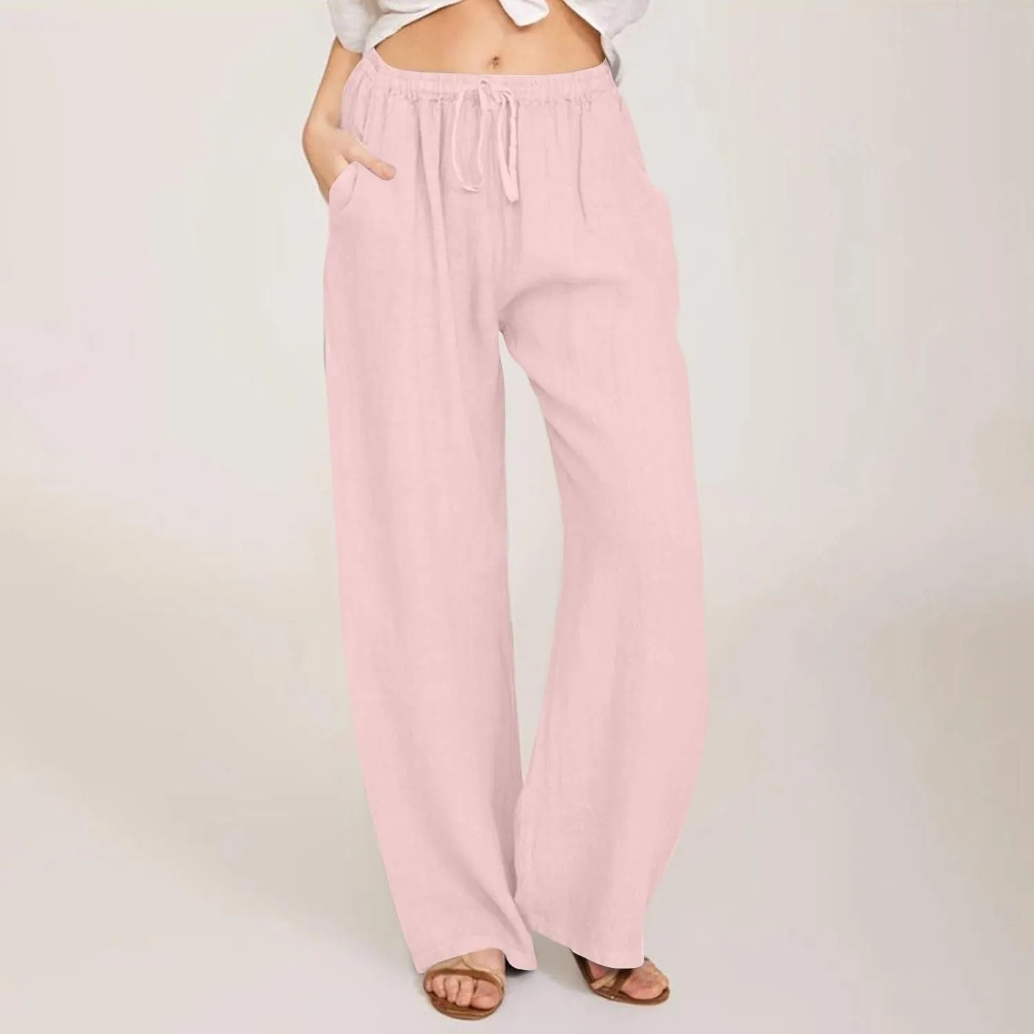 Linen Pants Women Summer Wide Leg Pants Drawstring Elastic Waist Pants High Waisted Lounge Pants Casual Beach Trousers