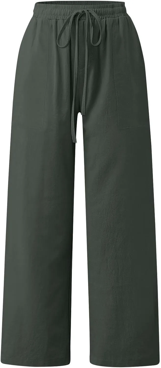 Linen Pants Women Summer Wide Leg Pants Drawstring Elastic Waist Pants High Waisted Lounge Pants Casual Beach Trousers