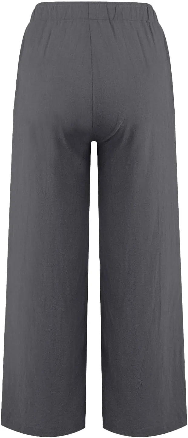 Linen Pants Women Summer Wide Leg Pants Drawstring Elastic Waist Pants High Waisted Lounge Pants Casual Beach Trousers