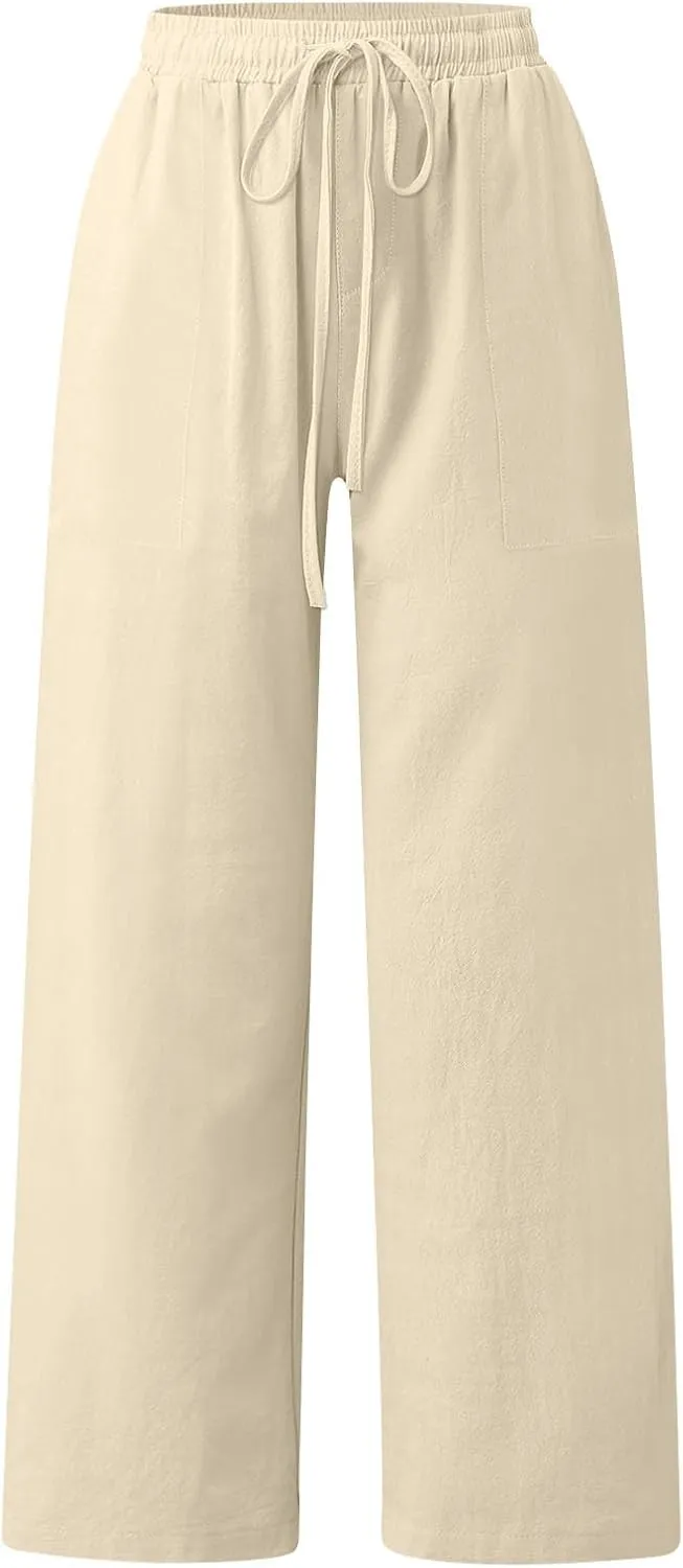 Linen Pants Women Summer Wide Leg Pants Drawstring Elastic Waist Pants High Waisted Lounge Pants Casual Beach Trousers