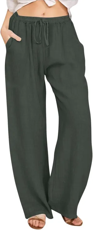 Linen Pants Women Summer Wide Leg Pants Drawstring Elastic Waist Pants High Waisted Lounge Pants Casual Beach Trousers