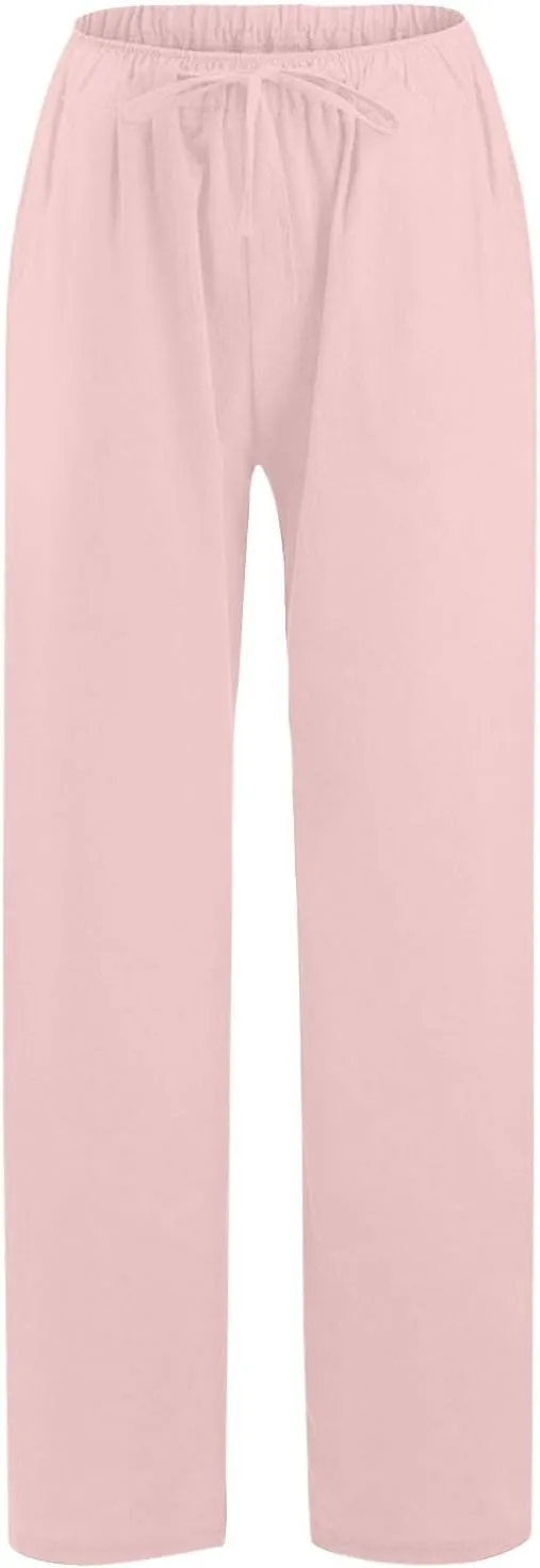 Linen Pants Women Summer Wide Leg Pants Drawstring Elastic Waist Pants High Waisted Lounge Pants Casual Beach Trousers