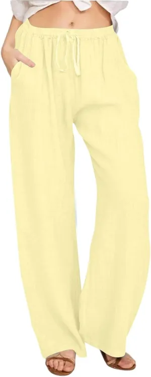 Linen Pants Women Summer Wide Leg Pants Drawstring Elastic Waist Pants High Waisted Lounge Pants Casual Beach Trousers