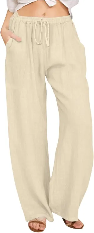 Linen Pants Women Summer Wide Leg Pants Drawstring Elastic Waist Pants High Waisted Lounge Pants Casual Beach Trousers