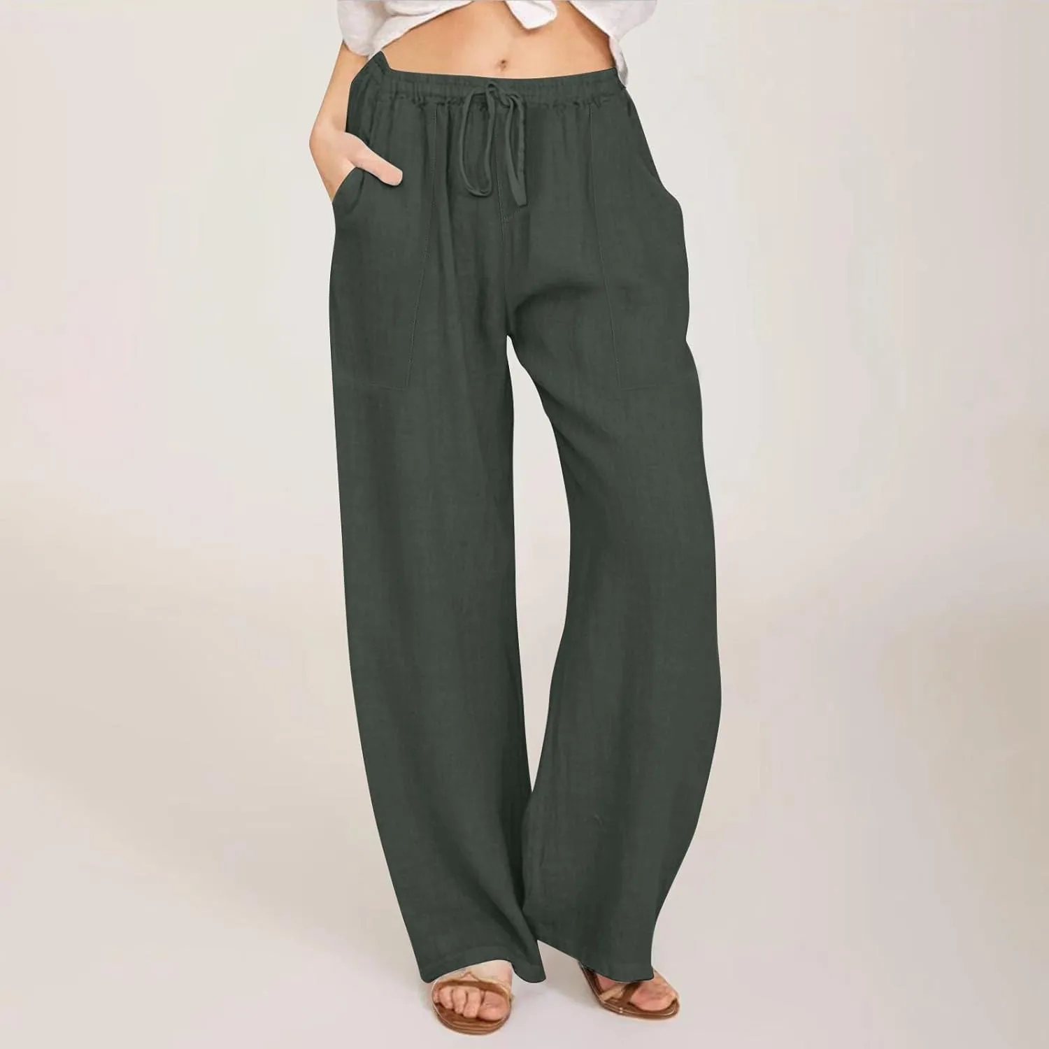 Linen Pants Women Summer Wide Leg Pants Drawstring Elastic Waist Pants High Waisted Lounge Pants Casual Beach Trousers