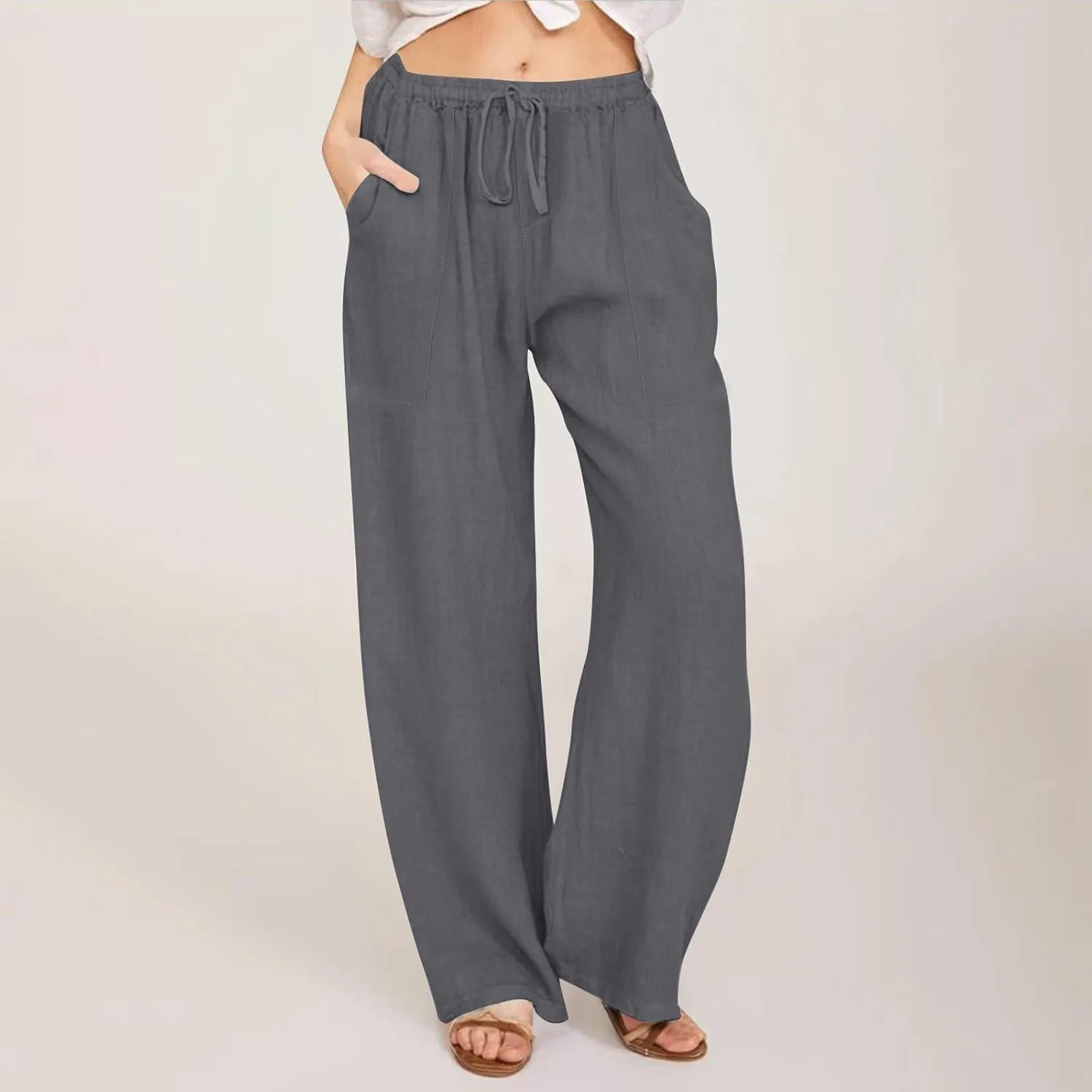Linen Pants Women Summer Wide Leg Pants Drawstring Elastic Waist Pants High Waisted Lounge Pants Casual Beach Trousers