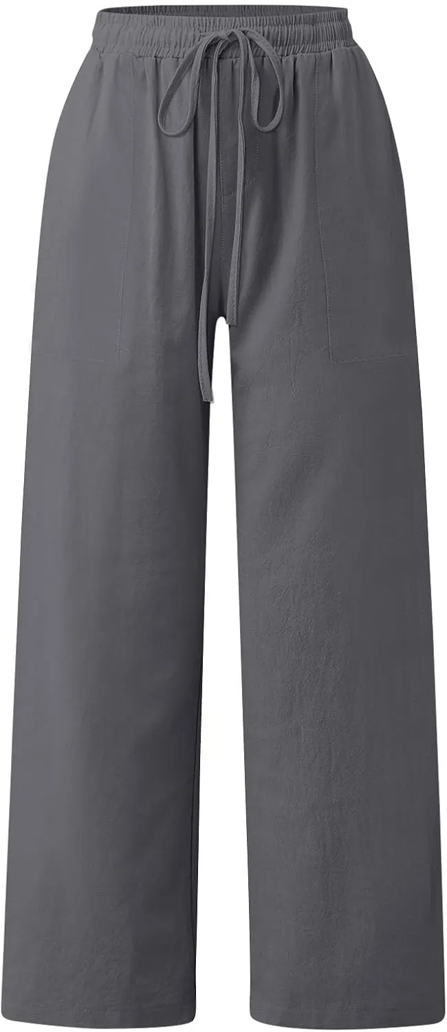 Linen Pants Women Summer Wide Leg Pants Drawstring Elastic Waist Pants High Waisted Lounge Pants Casual Beach Trousers