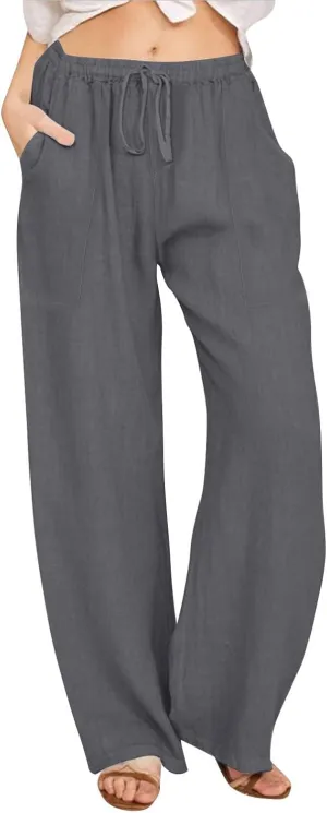 Linen Pants Women Summer Wide Leg Pants Drawstring Elastic Waist Pants High Waisted Lounge Pants Casual Beach Trousers