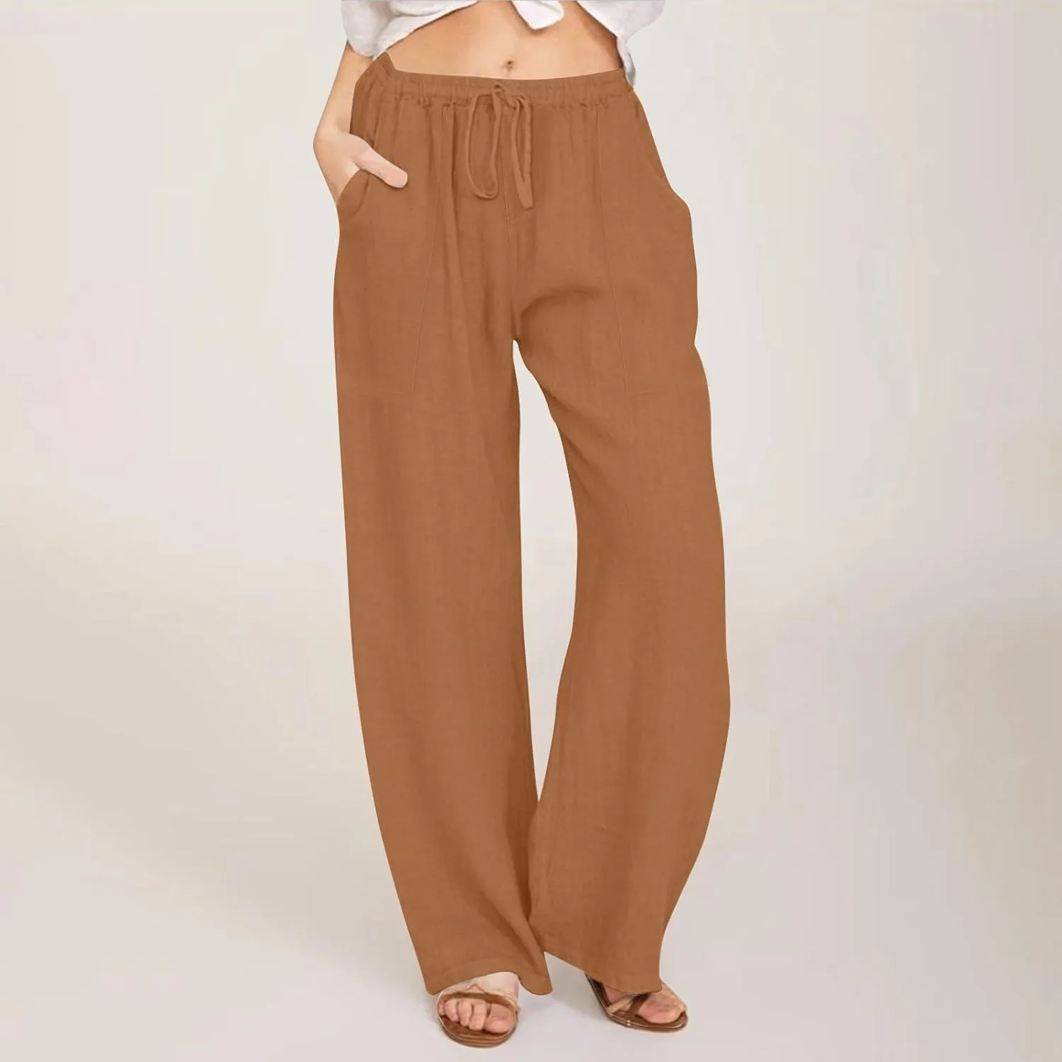 Linen Pants Women Summer Wide Leg Pants Drawstring Elastic Waist Pants High Waisted Lounge Pants Casual Beach Trousers