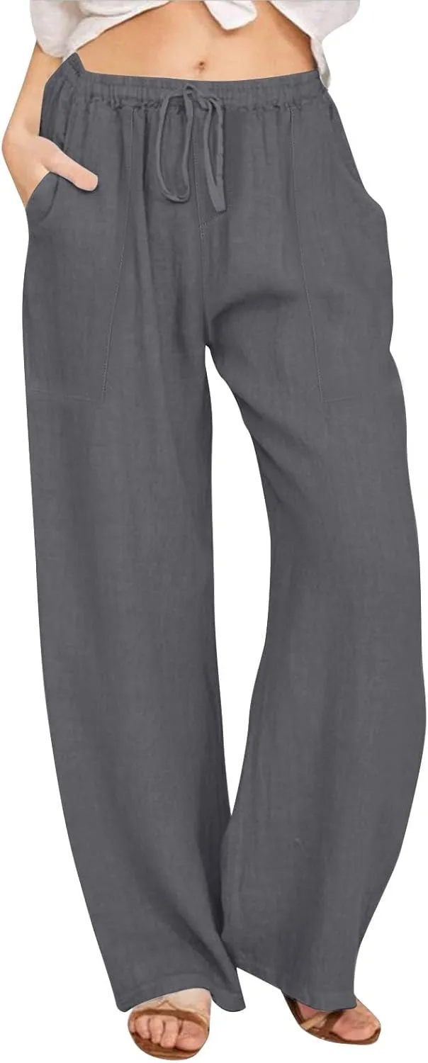 Linen Pants Women Summer Wide Leg Pants Drawstring Elastic Waist Pants High Waisted Lounge Pants Casual Beach Trousers