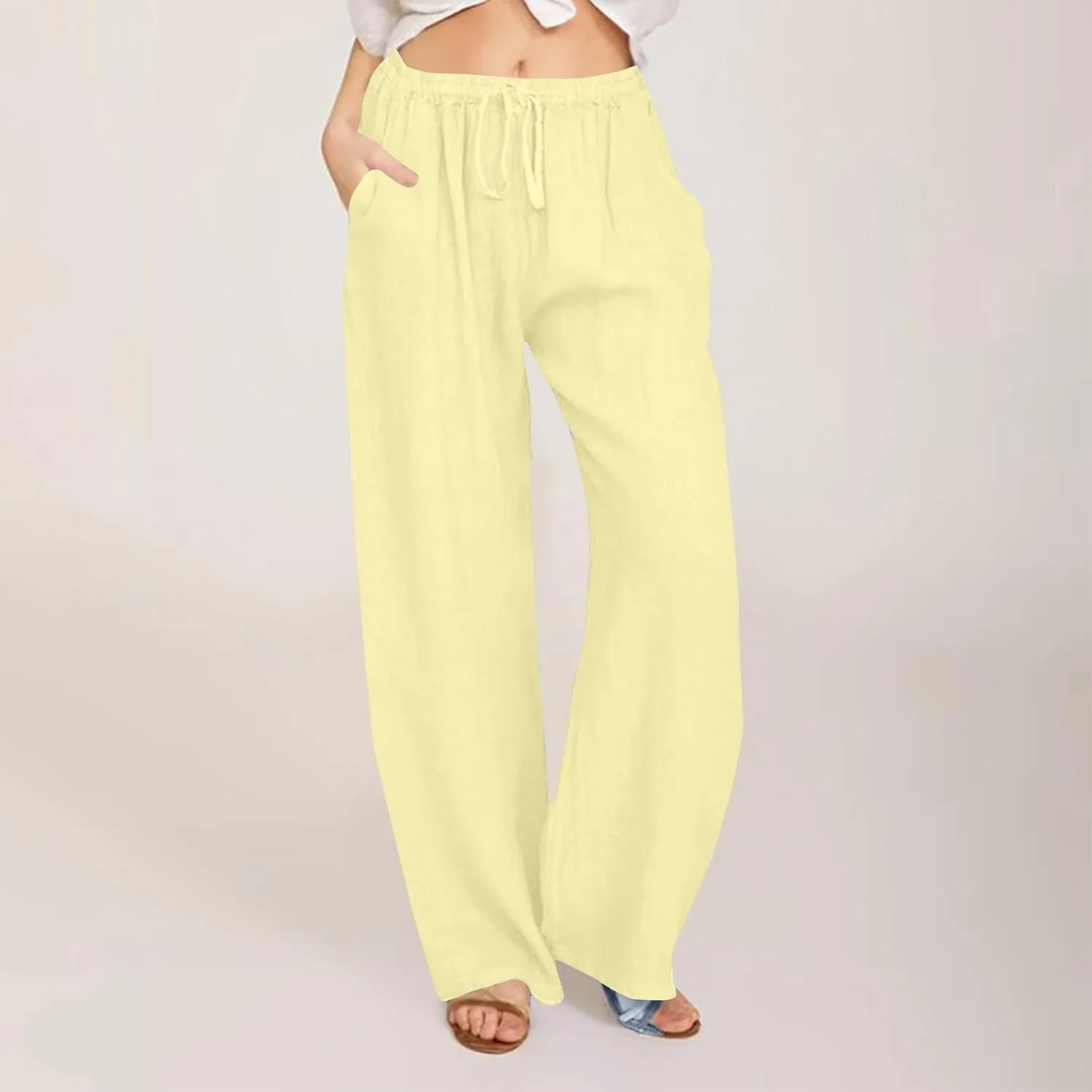 Linen Pants Women Summer Wide Leg Pants Drawstring Elastic Waist Pants High Waisted Lounge Pants Casual Beach Trousers