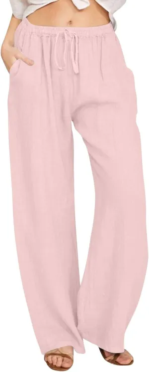 Linen Pants Women Summer Wide Leg Pants Drawstring Elastic Waist Pants High Waisted Lounge Pants Casual Beach Trousers