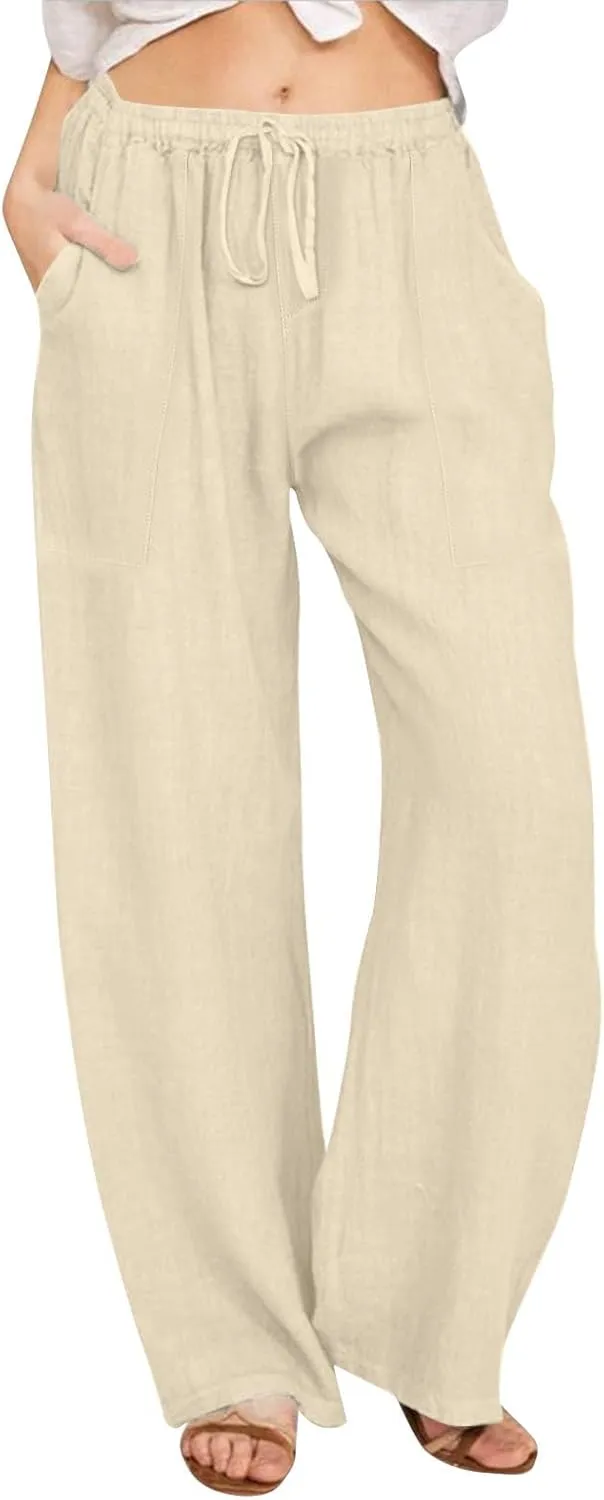 Linen Pants Women Summer Wide Leg Pants Drawstring Elastic Waist Pants High Waisted Lounge Pants Casual Beach Trousers