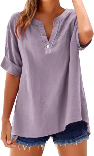 Linen Tops for Women Button Down V Neck Shirts Short Sleeve Dressy Casual Blouses Summer Work Tops Oversized Tshirts