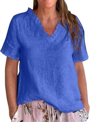 Linen Tops for Women Ruffle Peplum V Neck Short Sleeve Loose Summer Shirts Plus Size Beach Vacation Casual Lounge Outfit 2025