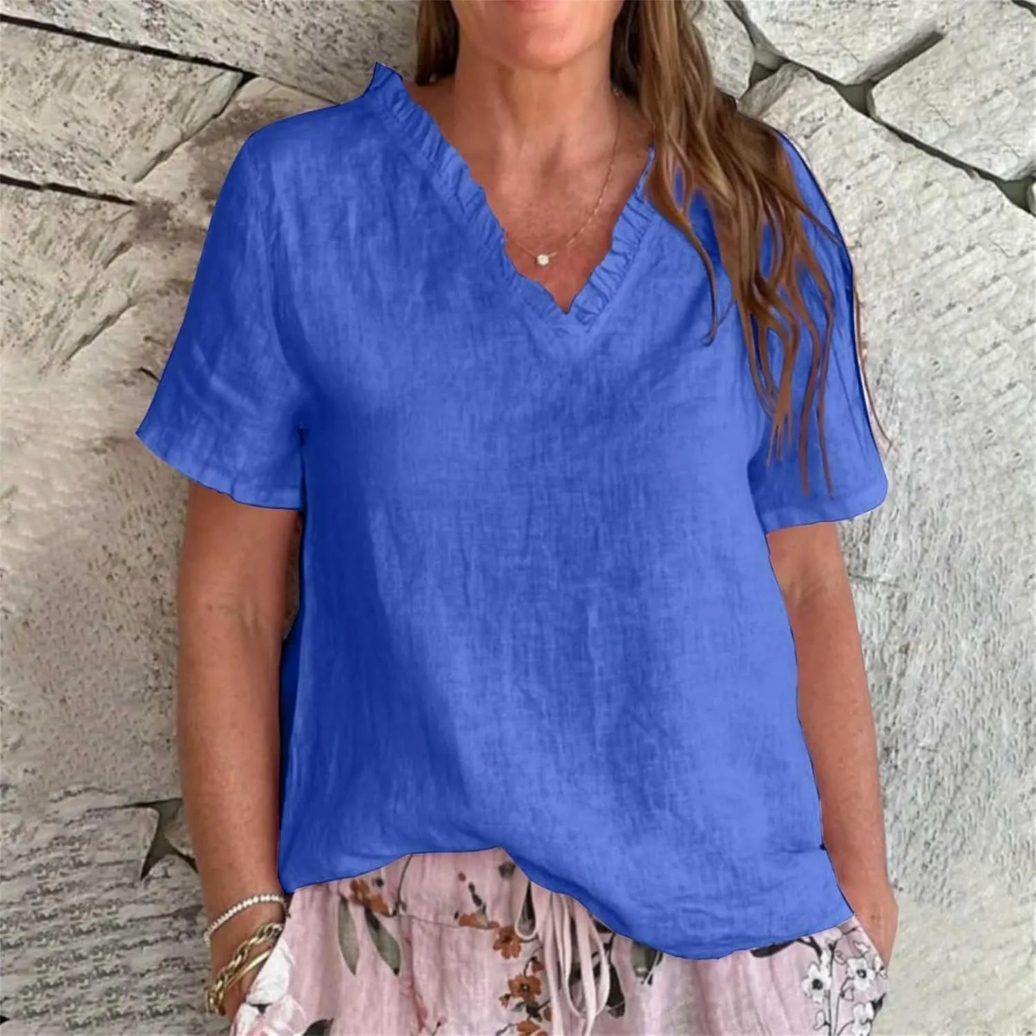 Linen Tops for Women Ruffle Peplum V Neck Short Sleeve Loose Summer Shirts Plus Size Beach Vacation Casual Lounge Outfit 2025