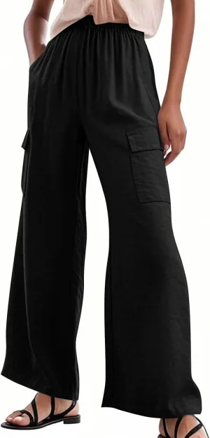 Linen Wide Leg Pants for Women Baggy Elastic High Waisted Cargo Pants Gauze Cover Up Palazzo Pants with Pockets