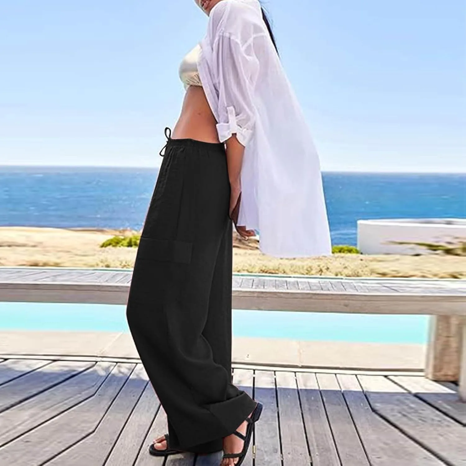 Linen Wide Leg Pants for Women Baggy Elastic High Waisted Cargo Pants Gauze Cover Up Palazzo Pants with Pockets
