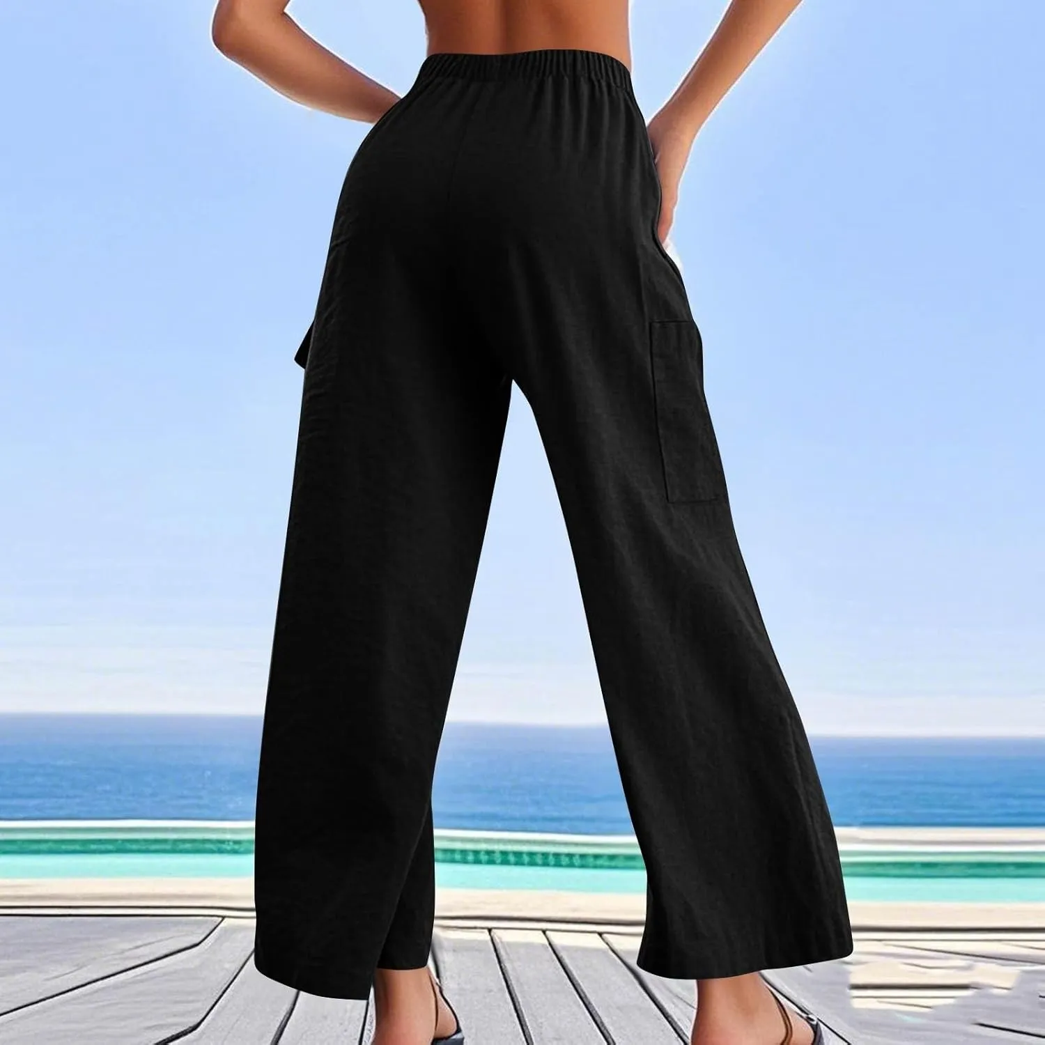 Linen Wide Leg Pants for Women Baggy Elastic High Waisted Cargo Pants Gauze Cover Up Palazzo Pants with Pockets