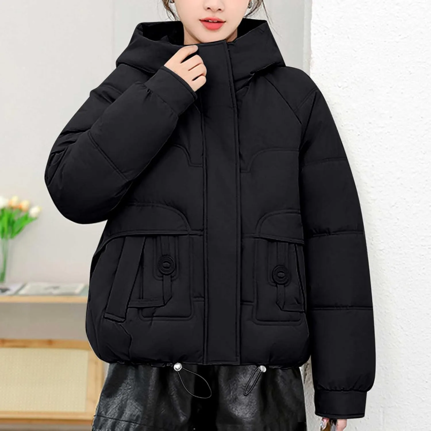 Lmdudan Women Puffer Jacket Warm Thickened Zip Up Down Jackets Quilted Parkas with Faux Fur Hood Casual Outerwear with Pocket