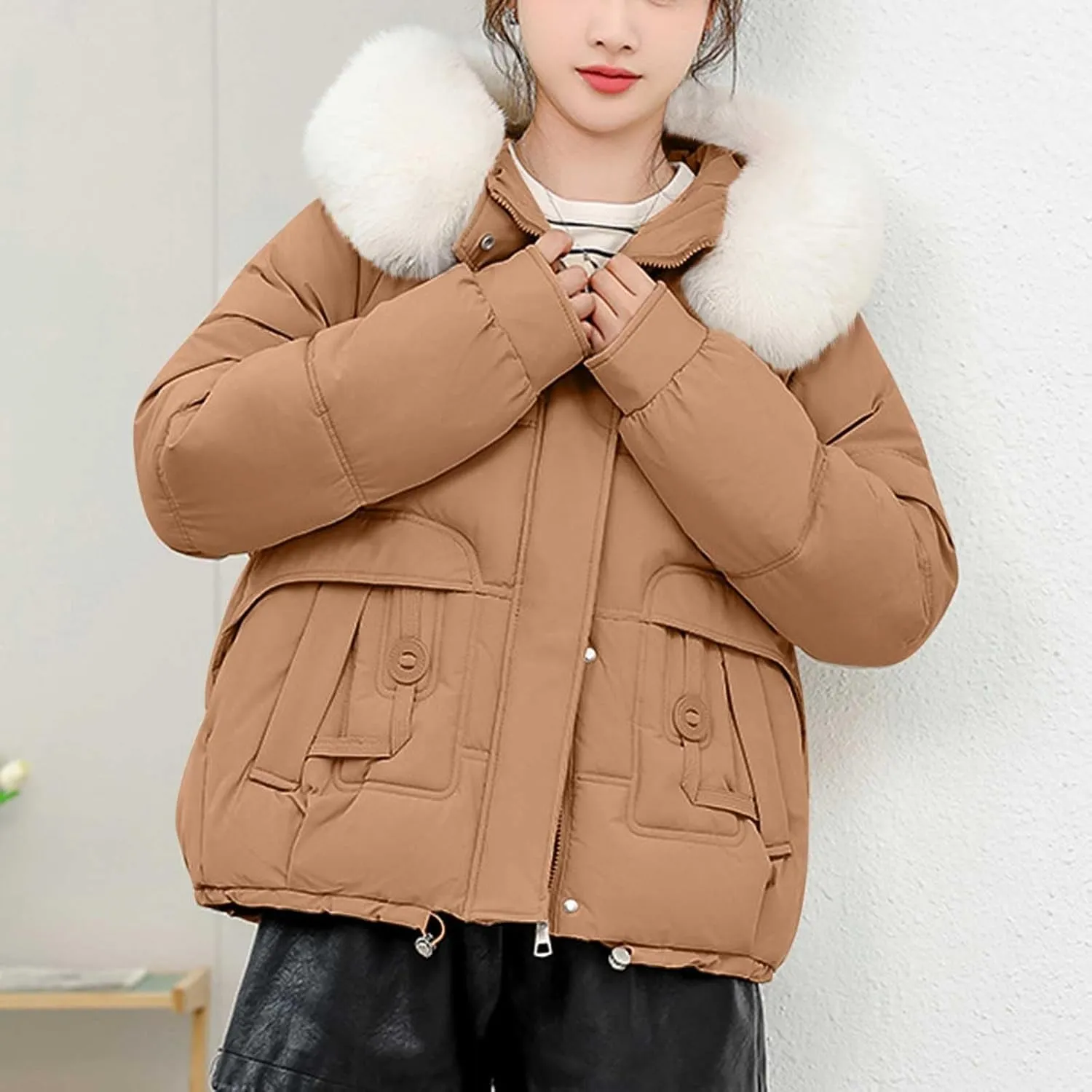 Lmdudan Women Puffer Jacket Warm Thickened Zip Up Down Jackets Quilted Parkas with Faux Fur Hood Casual Outerwear with Pocket