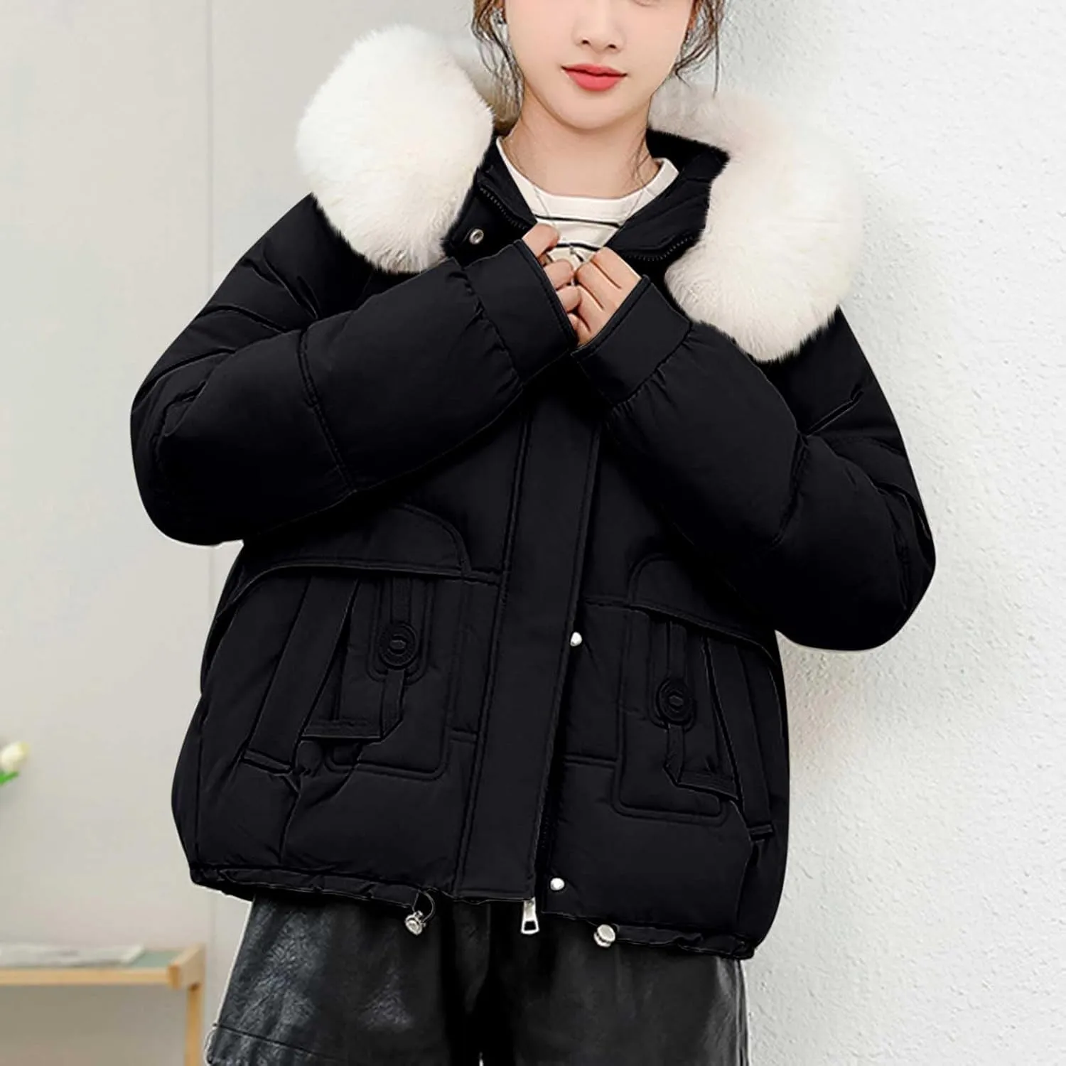 Lmdudan Women Puffer Jacket Warm Thickened Zip Up Down Jackets Quilted Parkas with Faux Fur Hood Casual Outerwear with Pocket