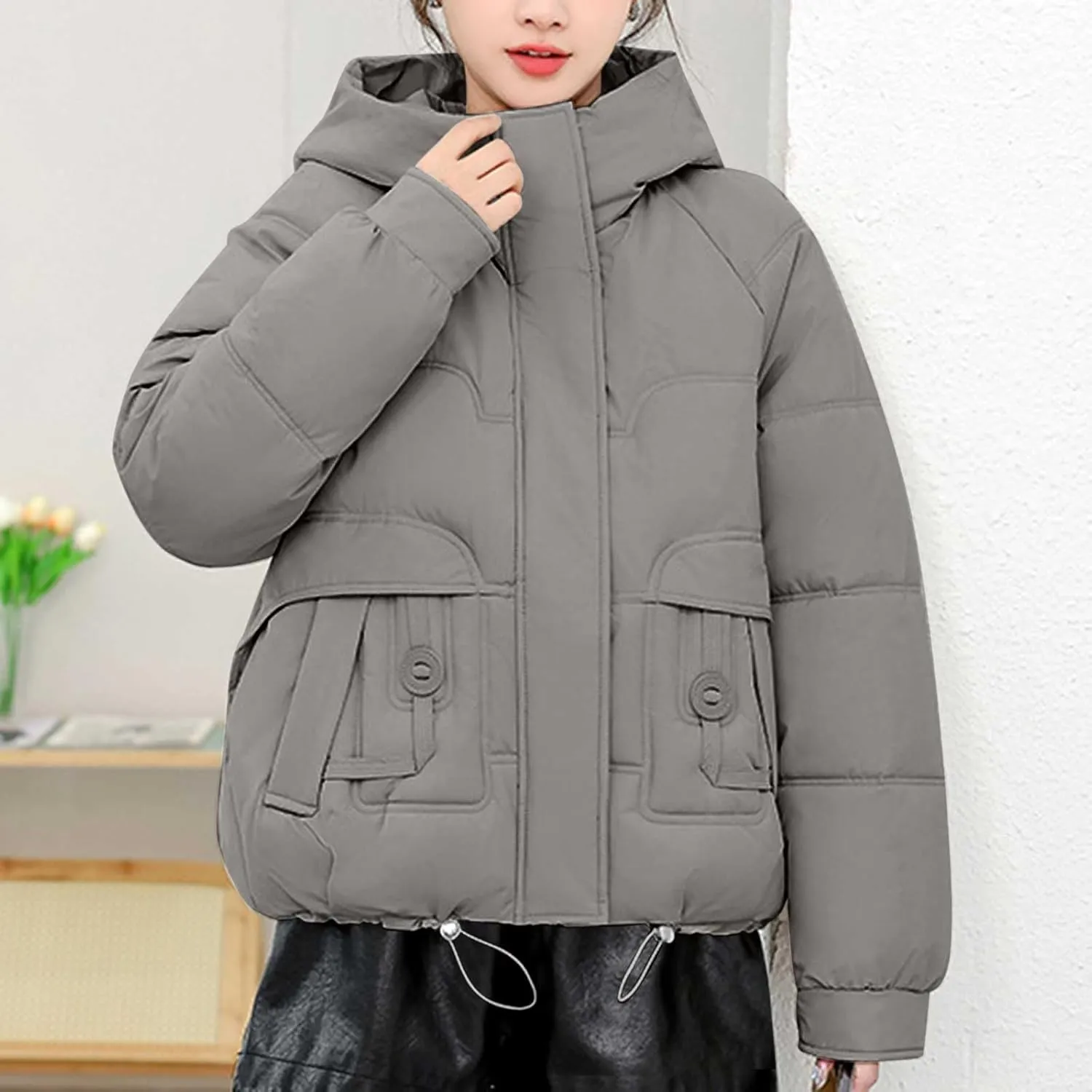 Lmdudan Women Puffer Jacket Warm Thickened Zip Up Down Jackets Quilted Parkas with Faux Fur Hood Casual Outerwear with Pocket