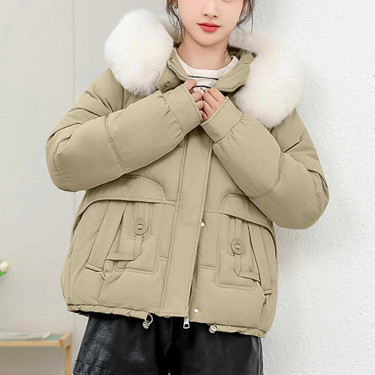 Lmdudan Women Puffer Jacket Warm Thickened Zip Up Down Jackets Quilted Parkas with Faux Fur Hood Casual Outerwear with Pocket
