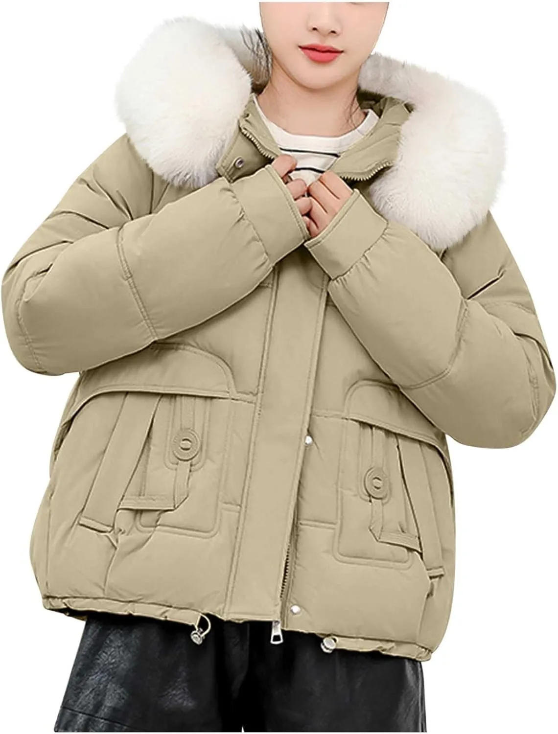 Lmdudan Women Puffer Jacket Warm Thickened Zip Up Down Jackets Quilted Parkas with Faux Fur Hood Casual Outerwear with Pocket