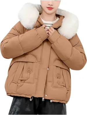 Lmdudan Women Puffer Jacket Warm Thickened Zip Up Down Jackets Quilted Parkas with Faux Fur Hood Casual Outerwear with Pocket