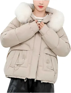 Lmdudan Women Puffer Jacket Warm Thickened Zip Up Down Jackets Quilted Parkas with Faux Fur Hood Casual Outerwear with Pocket