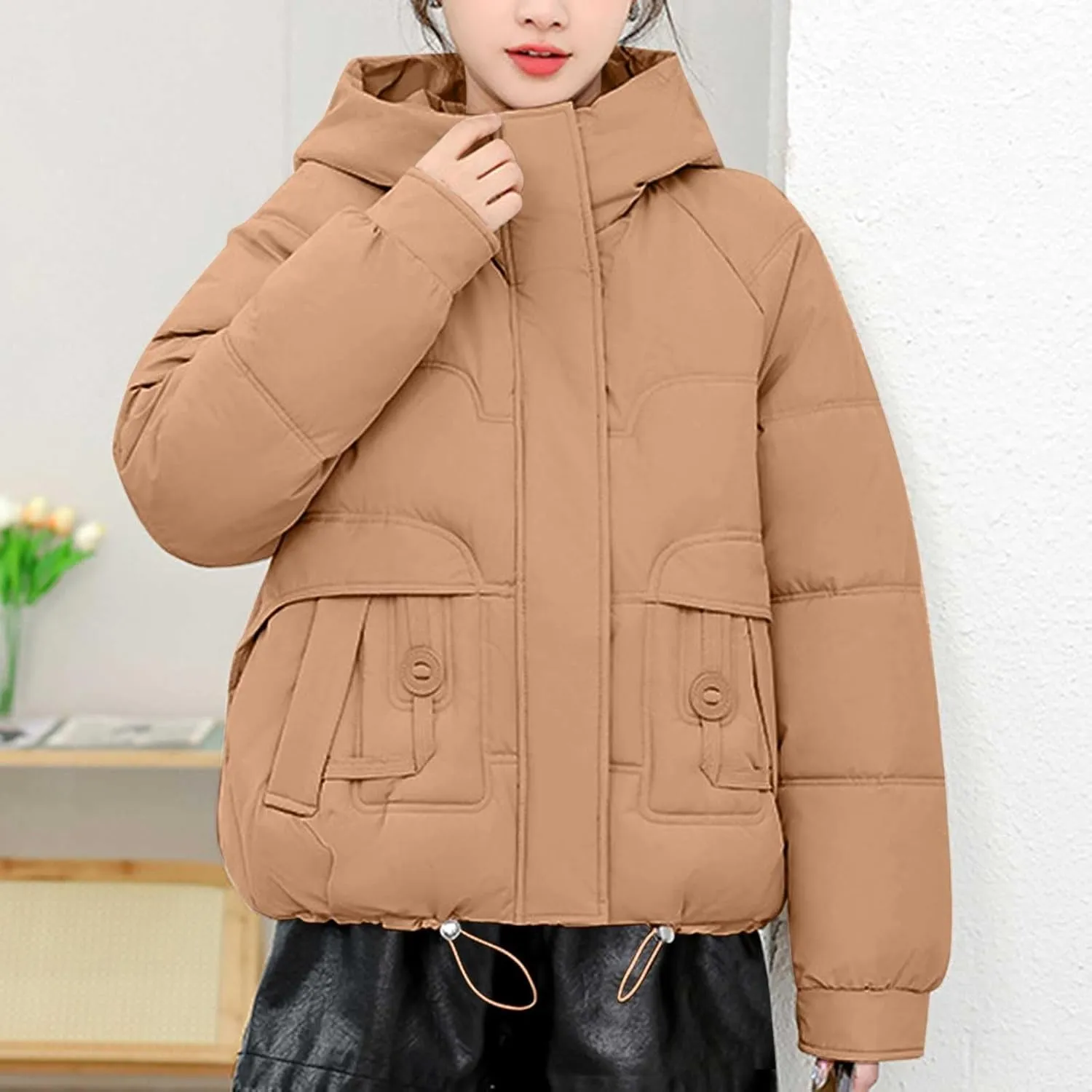 Lmdudan Women Puffer Jacket Warm Thickened Zip Up Down Jackets Quilted Parkas with Faux Fur Hood Casual Outerwear with Pocket