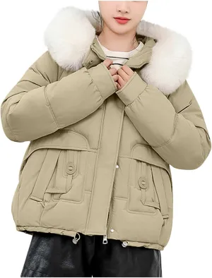 Lmdudan Women Puffer Jacket Warm Thickened Zip Up Down Jackets Quilted Parkas with Faux Fur Hood Casual Outerwear with Pocket