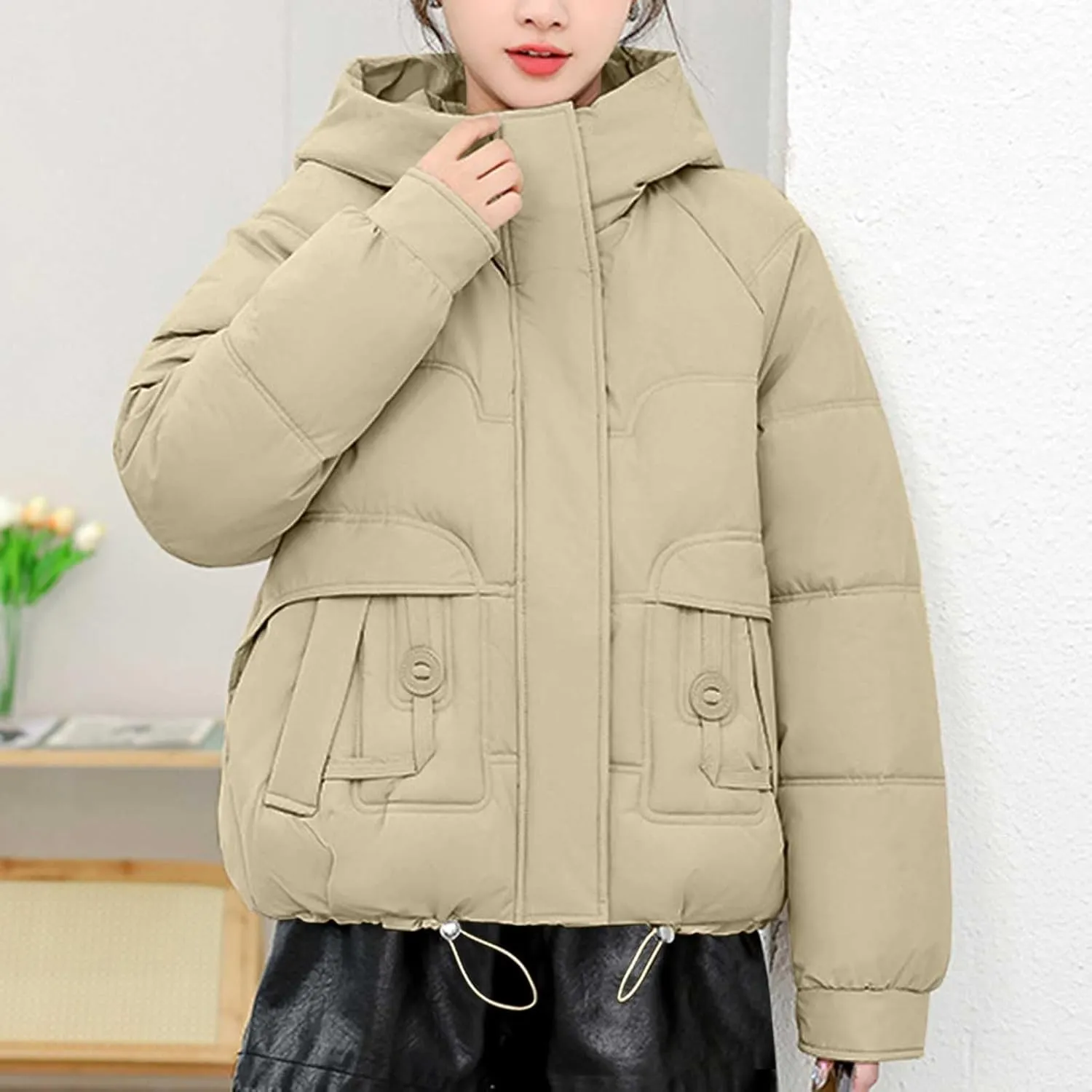 Lmdudan Women Puffer Jacket Warm Thickened Zip Up Down Jackets Quilted Parkas with Faux Fur Hood Casual Outerwear with Pocket