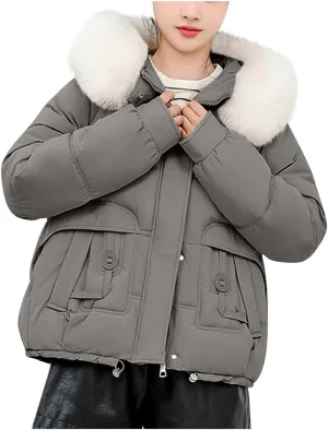 Lmdudan Women Puffer Jacket Warm Thickened Zip Up Down Jackets Quilted Parkas with Faux Fur Hood Casual Outerwear with Pocket