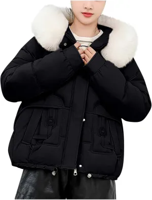 Lmdudan Women Puffer Jacket Warm Thickened Zip Up Down Jackets Quilted Parkas with Faux Fur Hood Casual Outerwear with Pocket