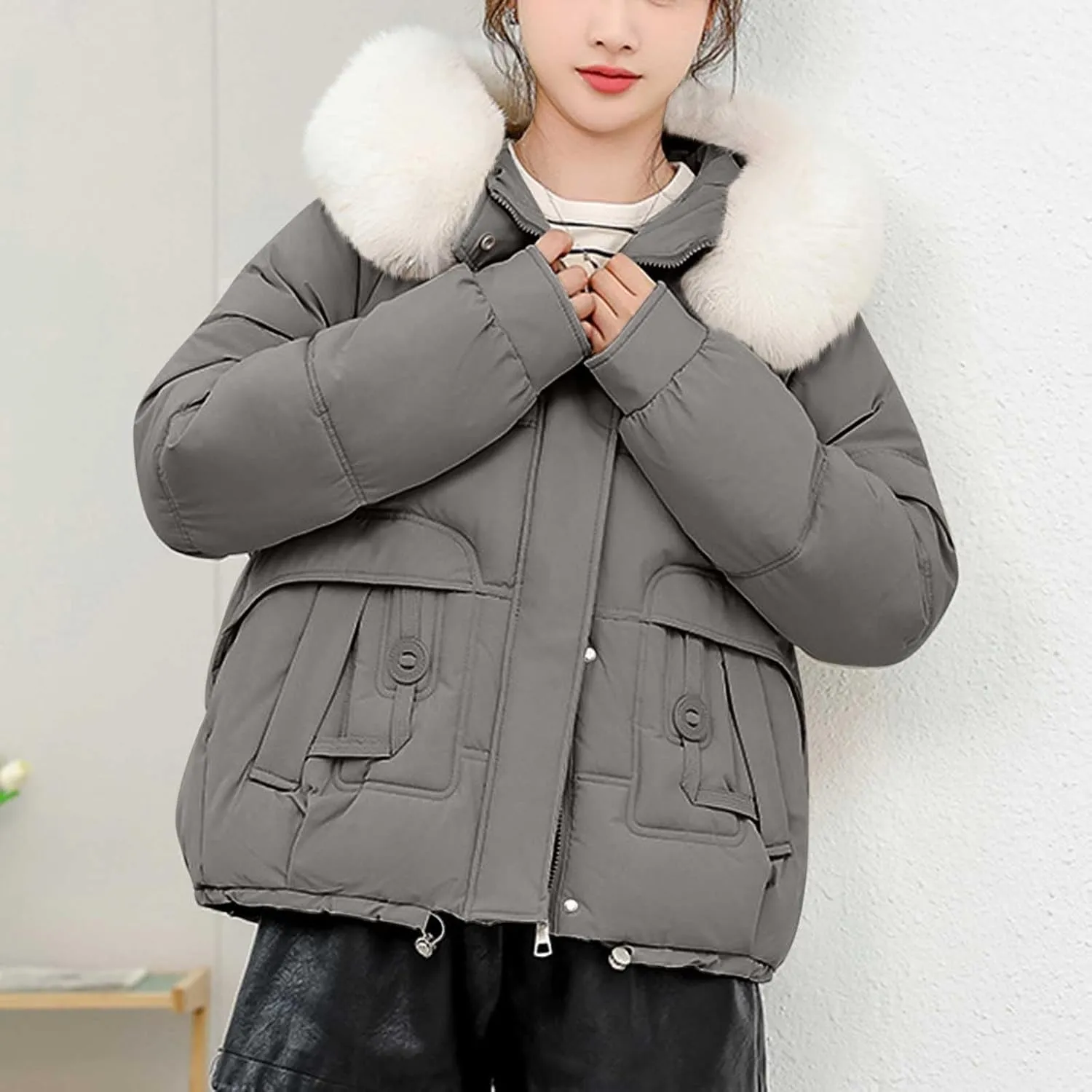 Lmdudan Women Puffer Jacket Warm Thickened Zip Up Down Jackets Quilted Parkas with Faux Fur Hood Casual Outerwear with Pocket