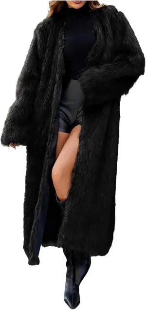 Long Faux Fur Coat Women 2025 Winter Warm Fuzzy Fleece Open Front Long Sleeve Jacket Plus Size Fur Trench Coat