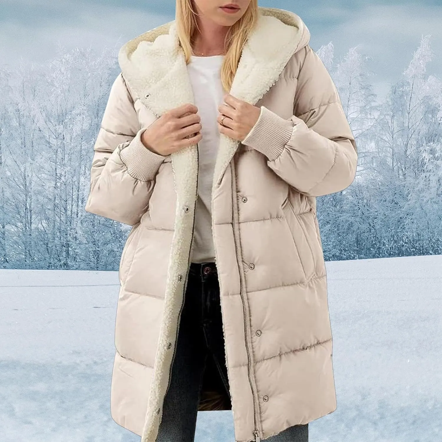 Long Puffer Coat for Women Winter Thickened Down Jacket Warm Down Jacket Hooded Outwear Cotton Jacket with Pockets