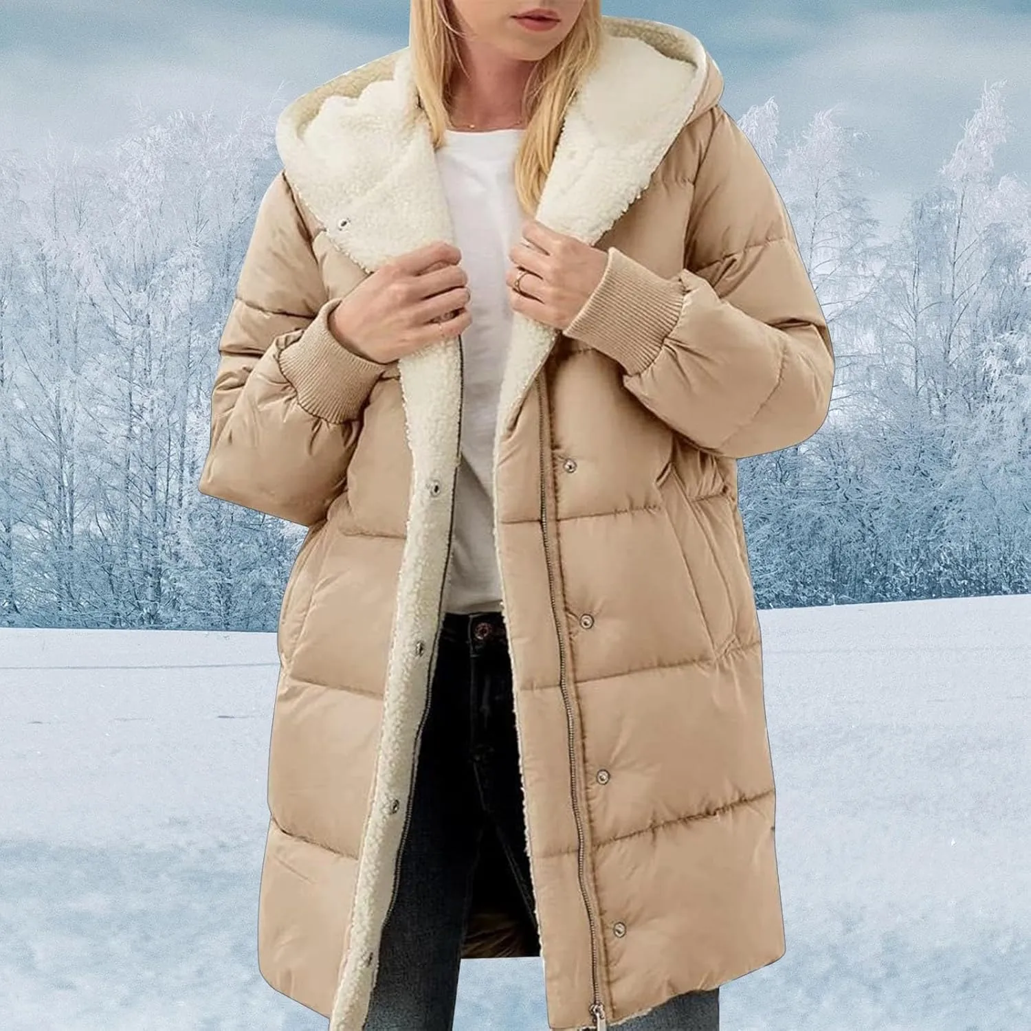Long Puffer Coat for Women Winter Thickened Down Jacket Warm Down Jacket Hooded Outwear Cotton Jacket with Pockets