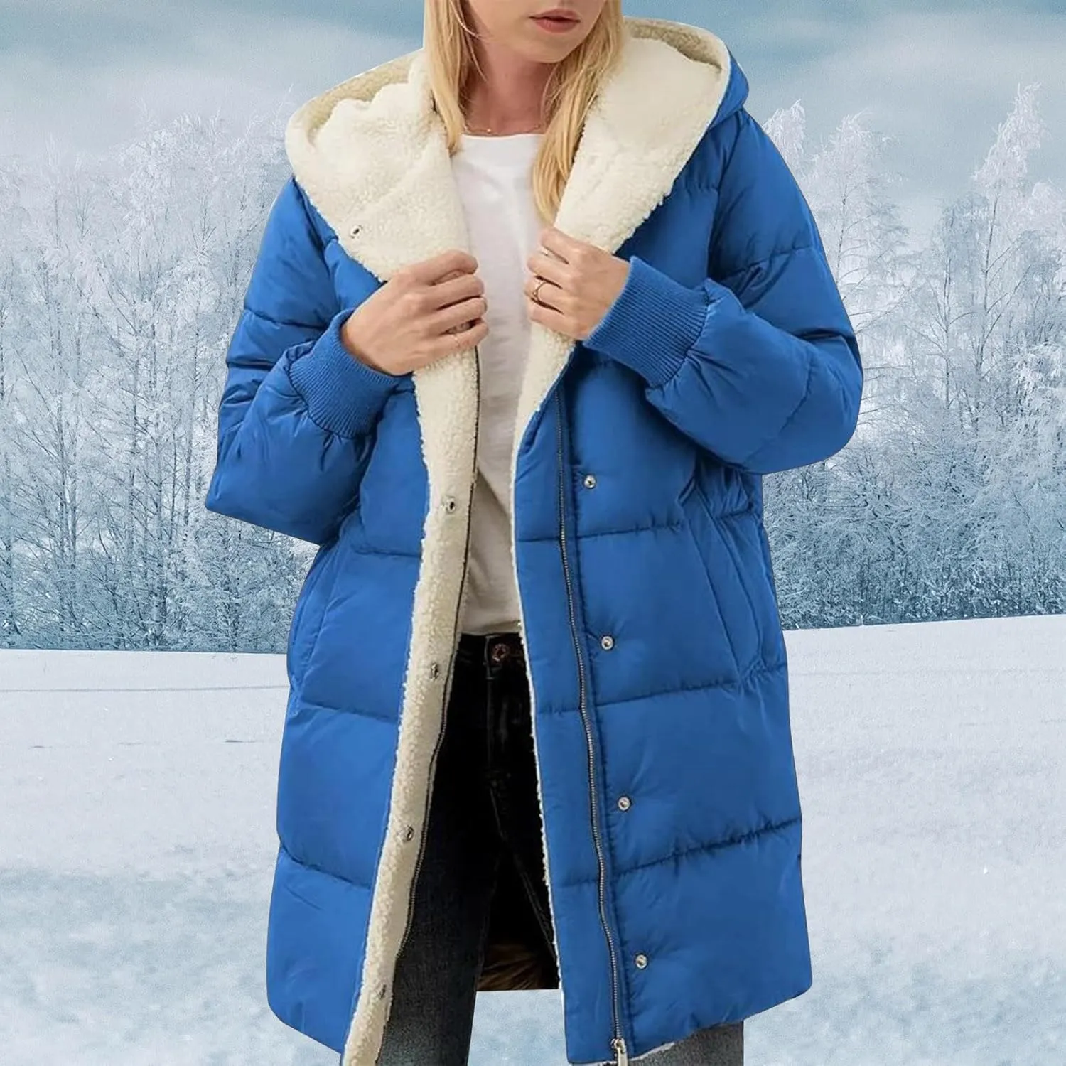 Long Puffer Coat for Women Winter Thickened Down Jacket Warm Down Jacket Hooded Outwear Cotton Jacket with Pockets