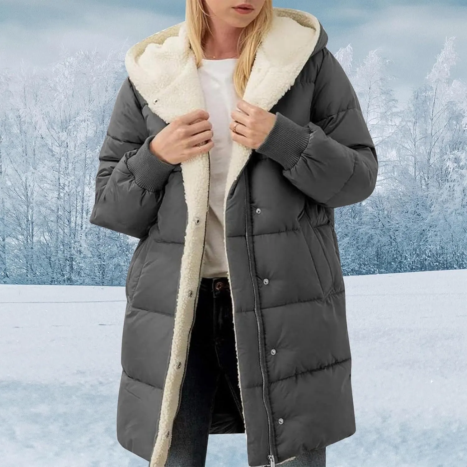Long Puffer Coat for Women Winter Thickened Down Jacket Warm Down Jacket Hooded Outwear Cotton Jacket with Pockets