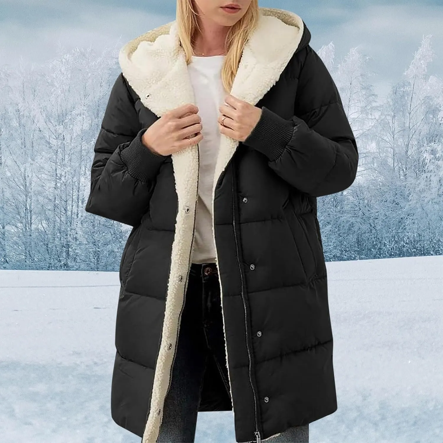 Long Puffer Coat for Women Winter Thickened Down Jacket Warm Down Jacket Hooded Outwear Cotton Jacket with Pockets