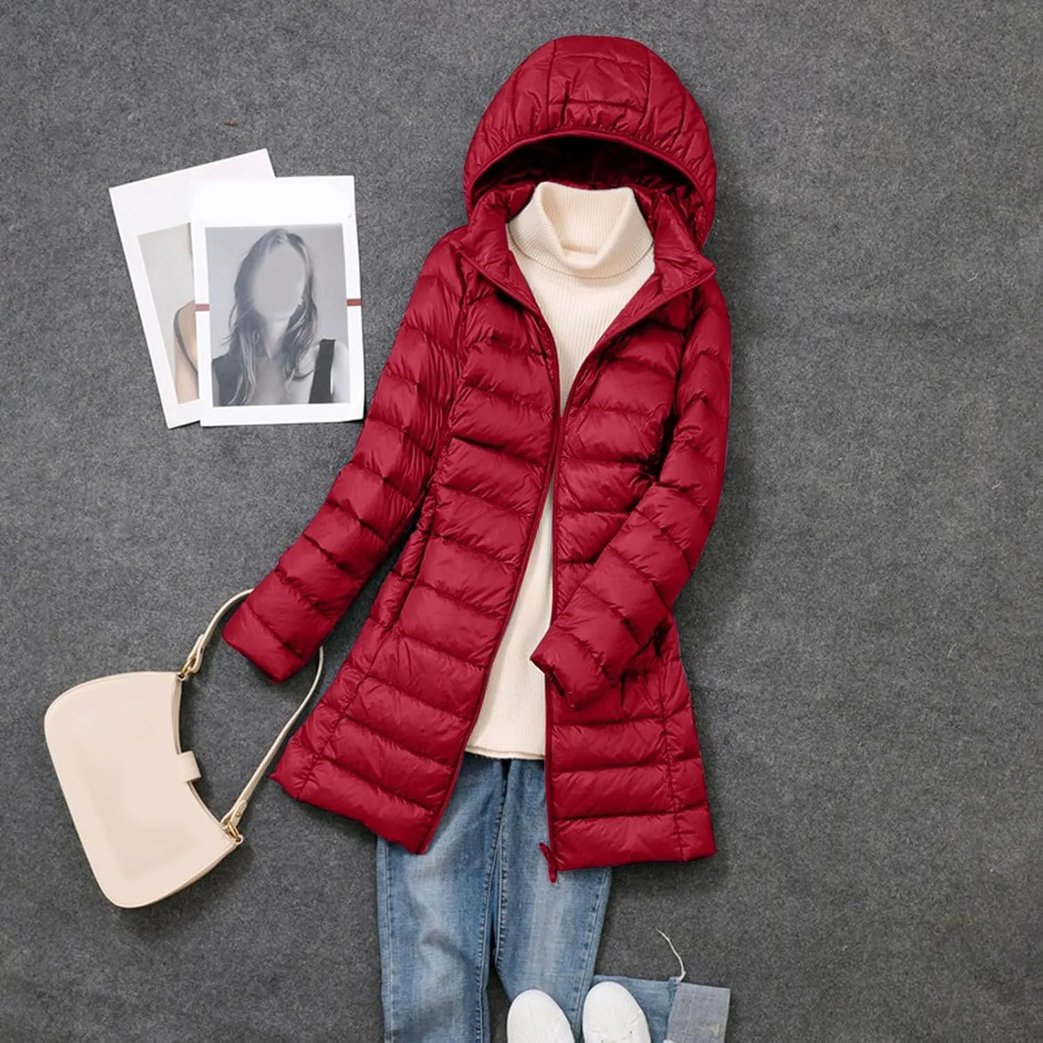 Long Puffer Jacket for Women Ultra Light Down Packable Hooded Coat 2024 Winter Warm Packable Down Jacket Trendy