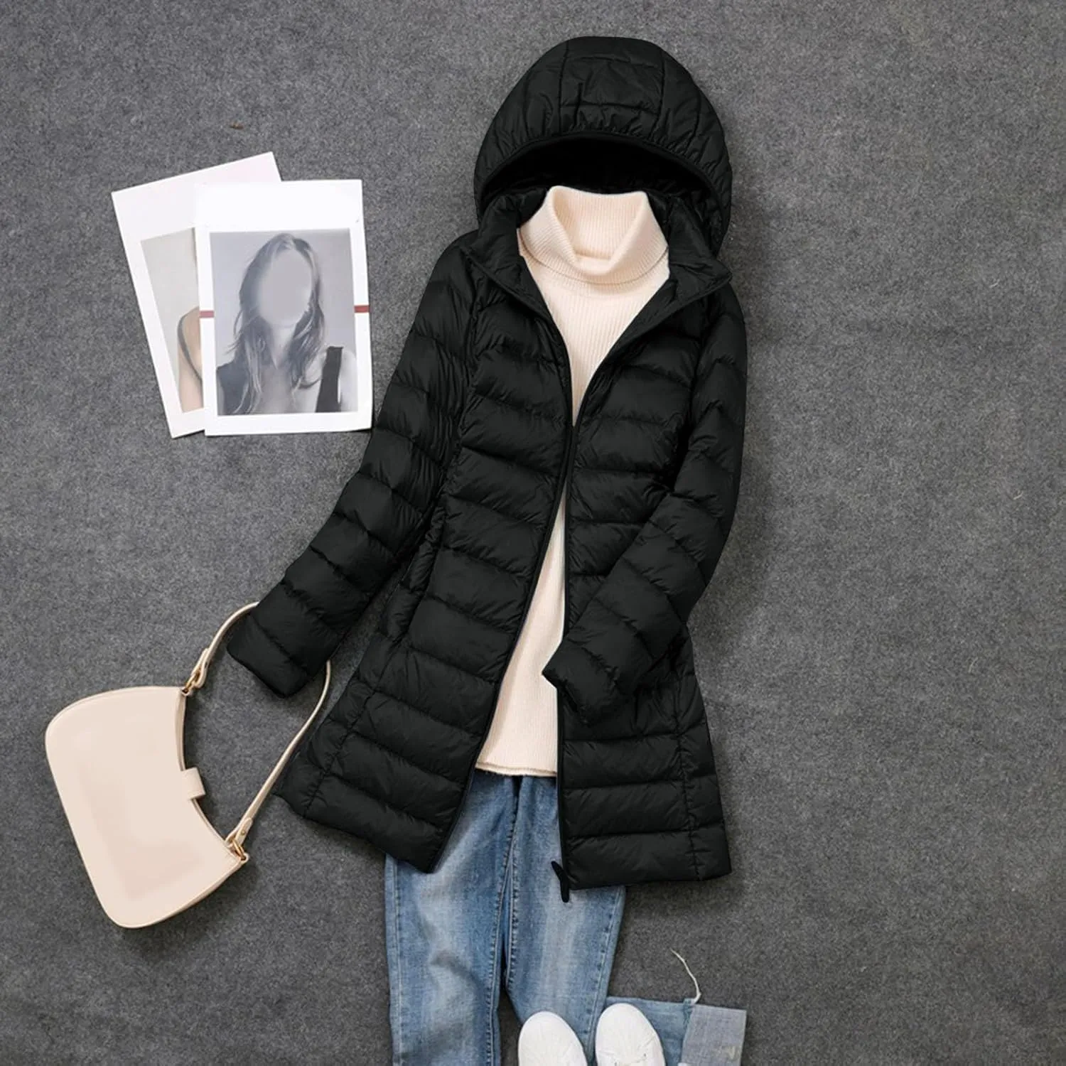 Long Puffer Jacket for Women Ultra Light Down Packable Hooded Coat 2024 Winter Warm Packable Down Jacket Trendy