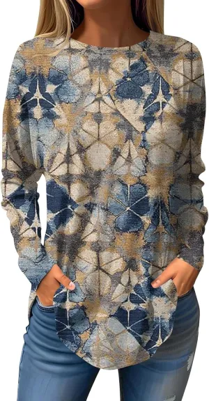 Long Sleeve T Shirts for Women Crewneck Printed Shirt Casual Pullovers Tunic Fashion Tops Comfy Fall Sweatshirts