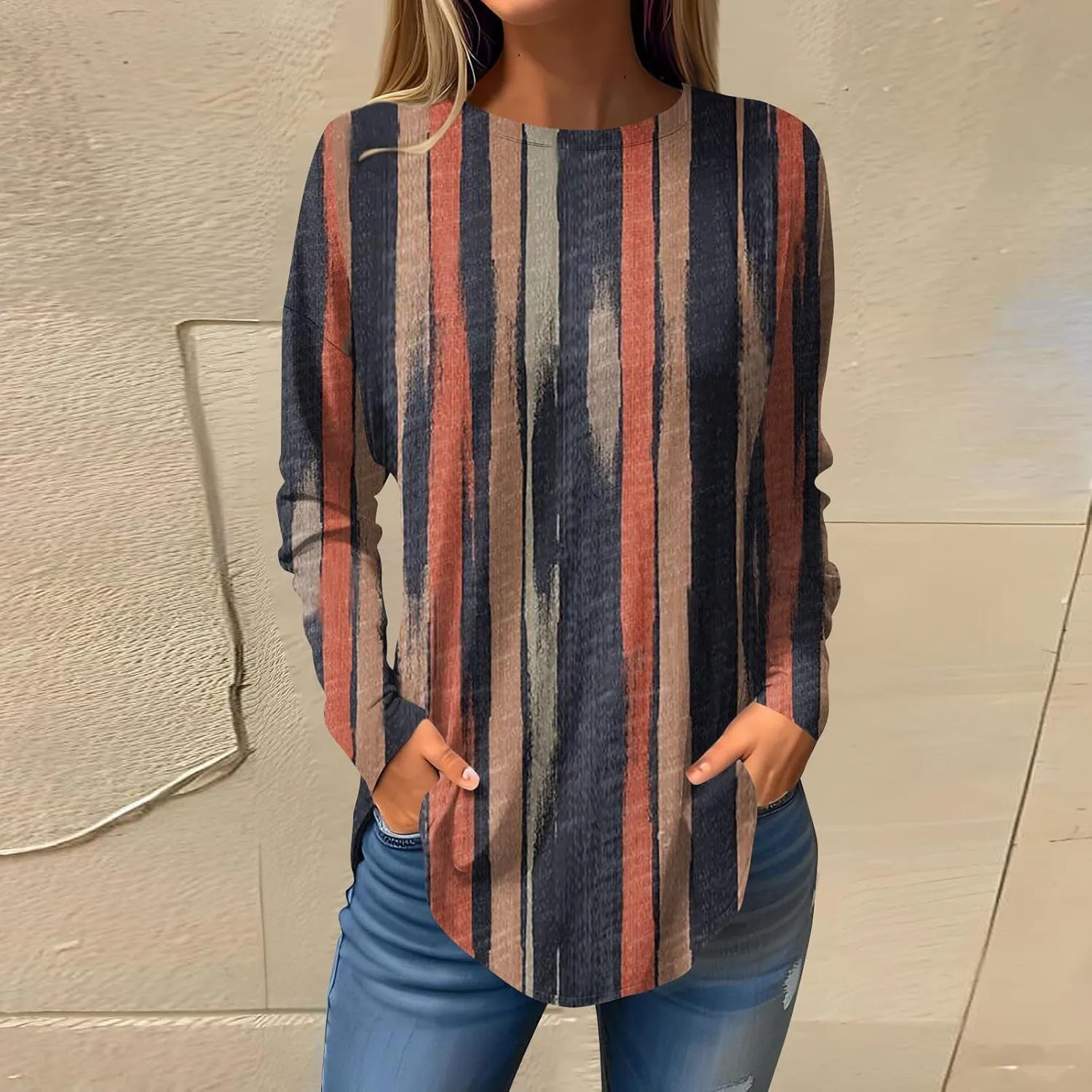 Long Sleeve T Shirts for Women Crewneck Printed Shirt Casual Pullovers Tunic Fashion Tops Comfy Fall Sweatshirts