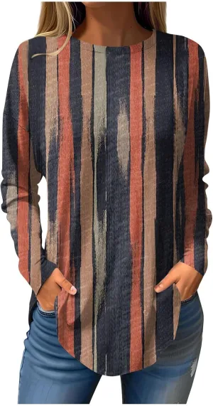 Long Sleeve T Shirts for Women Crewneck Printed Shirt Casual Pullovers Tunic Fashion Tops Comfy Fall Sweatshirts