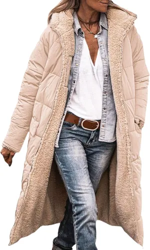 Long Winter Coats for Women Fleece Reversible Puffer Jackets Sherpa Padded Down Coat Oversized Long Sleeve Hooded
